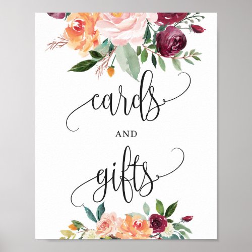 Blush burgundy orange floral cards and gifts sign