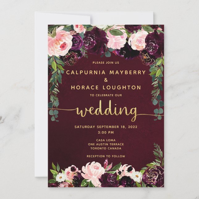 Blush Burgundy Parade Gold Calligraphy Wedding Invitation (Front)