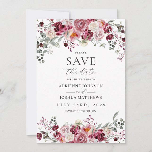 Blush & Burgundy Peony Roses Wedding Save The Date Invitation (Front)