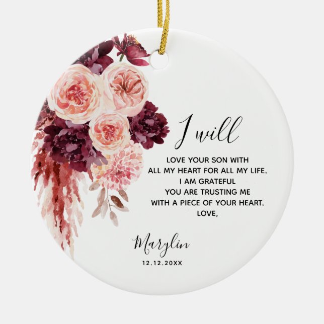 Blush Burgundy Personalised Mother of the Groom Ceramic Ornament (Front)