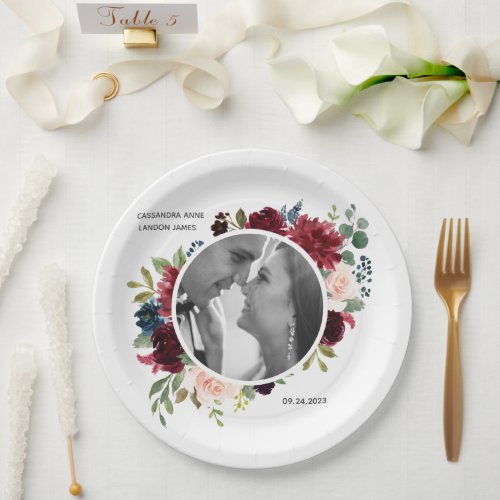 Blush Burgundy Photo Floral Elegant Wedding Paper  Paper Plates