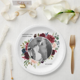 Blush Burgundy Photo Floral Elegant Wedding Paper  Plates