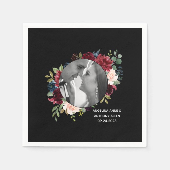 Blush Burgundy Photo Floral Modern Wedding Napkins (Front)