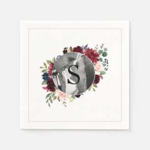 Blush Burgundy Photo Monogram Floral Wedding Napki Napkins