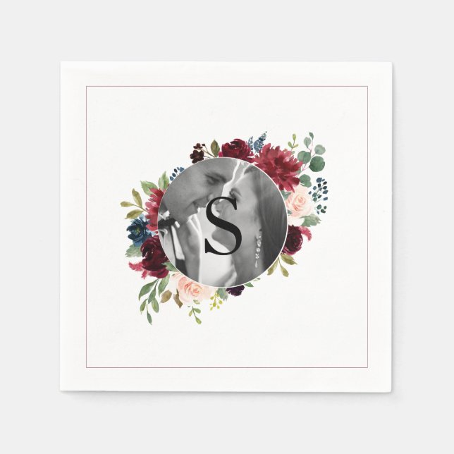 Blush Burgundy Photo Monogram Floral Wedding Napki Napkins (Front)