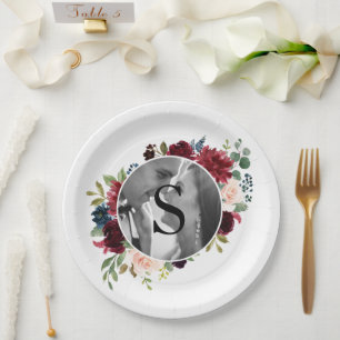 Blush Burgundy Photo Monogram Floral Wedding Paper Plates