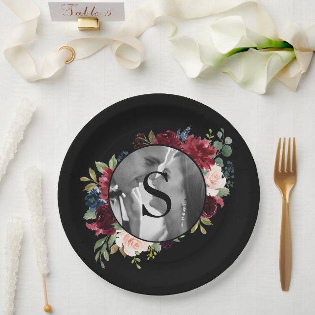 Blush Burgundy Photo Monogram Floral Wedding Paper Plates (Wedding)