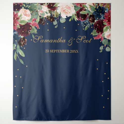 Blush burgundy pink and navy floral boho wedding tapestry