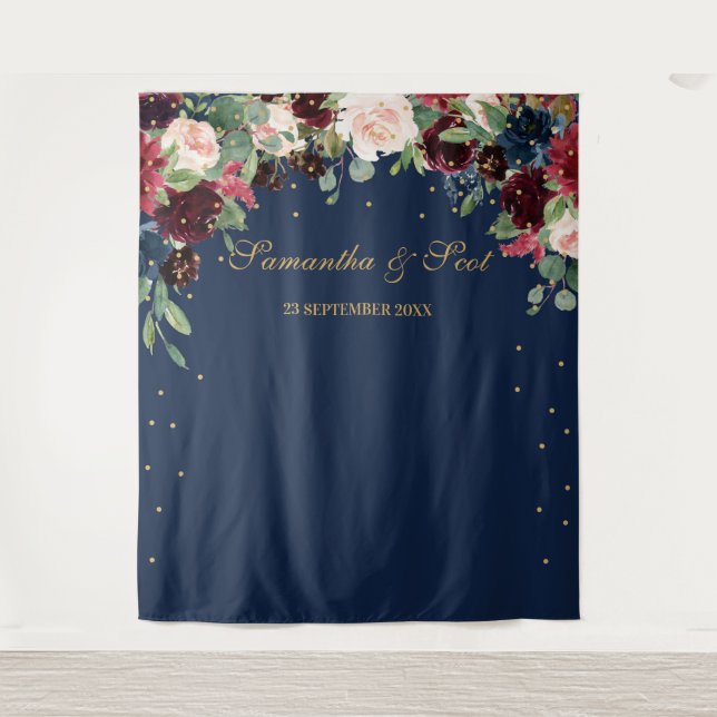Blush burgundy pink and navy floral boho wedding tapestry (Front)