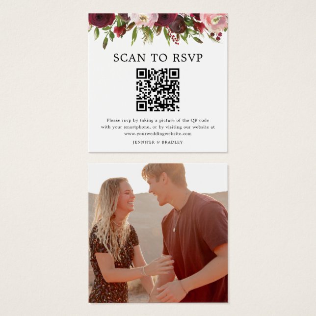 Blush Burgundy QR Code Photo Wedding RSVP Card (Front & Back)