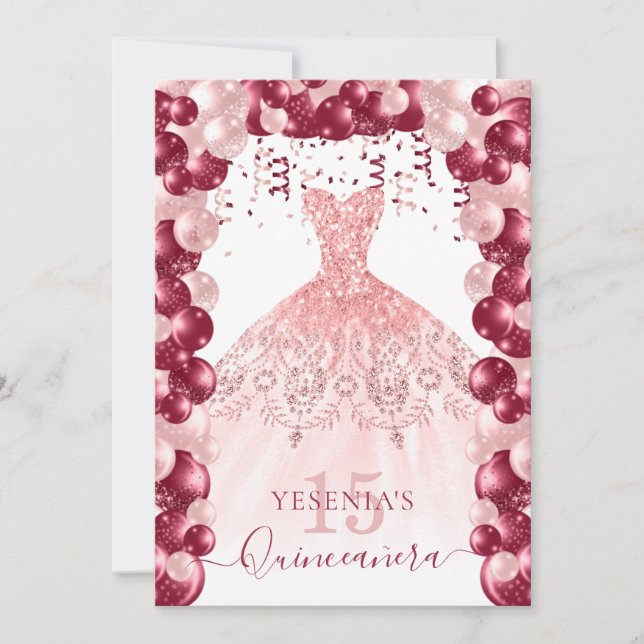 Blush Burgundy Quinceañera Balloon Invitation (Front)