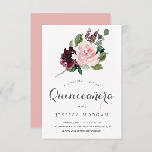 Blush Burgundy Quinceanera Invitation Card