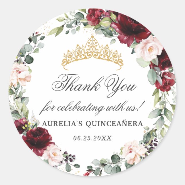 Blush Burgundy Quinceañera Thank You Favor  Classic Round Sticker (Front)