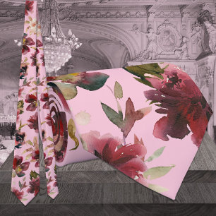 Blush & Burgundy Raspberry Pink Peony Wedding Neck Tie