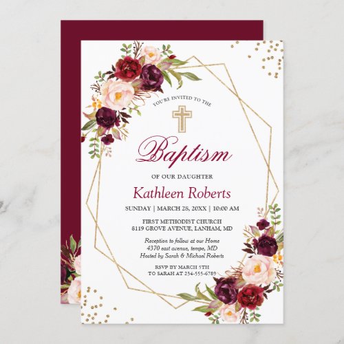Blush Burgundy Red Floral Baptism Christening Invitation - Blush Burgundy Red Floral Baptism Christening Invitation. 
(1) For further customization, please click the "customize further" link and use our design tool to modify this template. 
(2) If you prefer Thicker papers / Matte Finish, you may consider to choose the Matte Paper Type. 
(3) If you need help or matching items, please contact me.