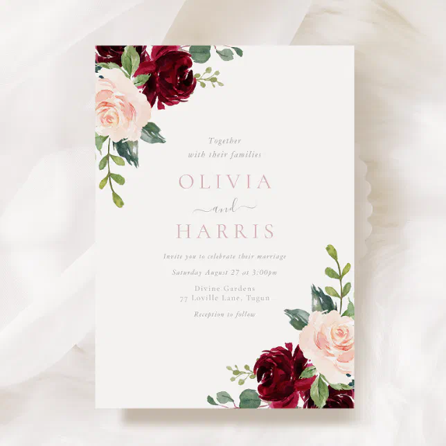 Blush & Burgundy Red Floral Elegance Wedding Invitation | Zazzle