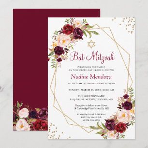 Blush Burgundy Red Floral Geometric Bat Mitzvah Invitation