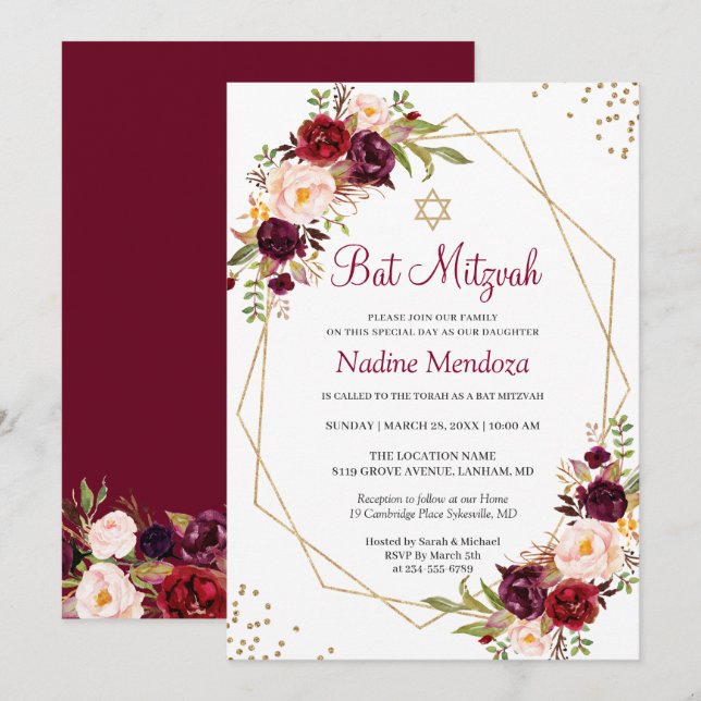 Blush Burgundy Red Floral Geometric Bat Mitzvah Invitation (Front/Back)
