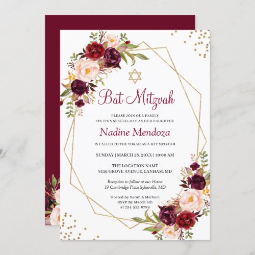 Blush Burgundy Red Floral Geometric Bat Mitzvah Invitation - Blush Burgundy Red Floral Geometric Bat Mitzvah Invitation. 
(1) For further customization, please click the "customize further" link and use our design tool to modify this template. 
(2) If you prefer Thicker papers / Matte Finish, you may consider to choose the Matte Paper Type. 
(3) If you need help or matching items, please contact me.