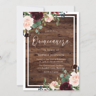 Blush Burgundy Red Floral Rustic Wood Quinceanera Invitation