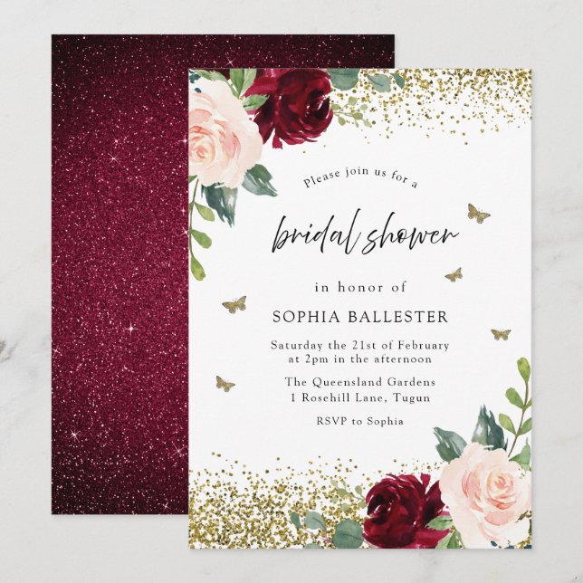 Blush & Burgundy Red Flowers Bridal Shower Invitation (Front/Back)