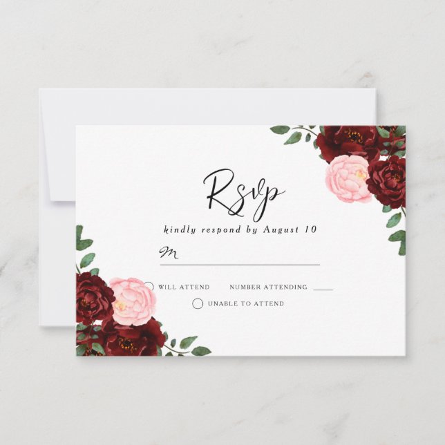 Blush & Burgundy Red Flowers Gorgeous Wedding RSVP Card (Front)