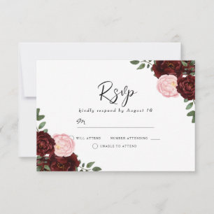 Blush & Burgundy Red Flowers Gorgeous Wedding RSVP Card