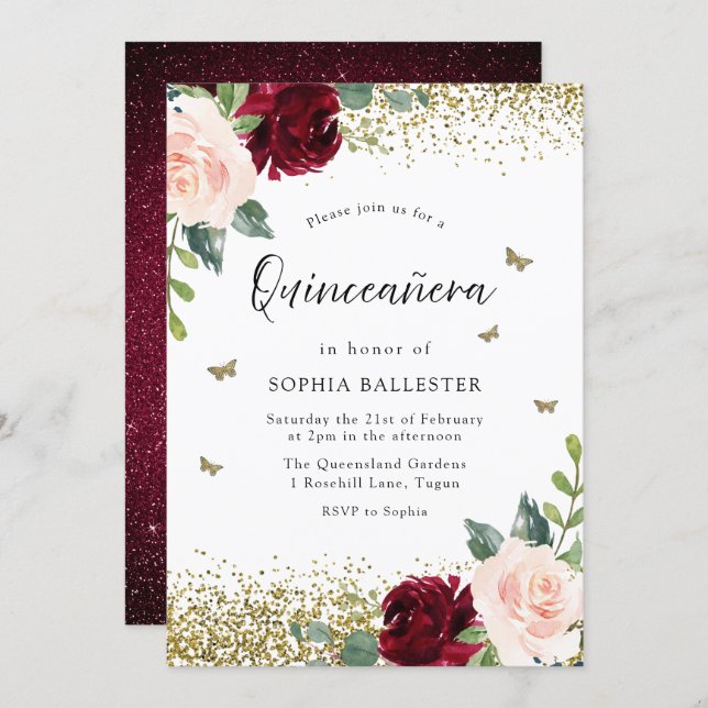 Blush & Burgundy Red Flowers Quinceanera Party Invitation (Front/Back)