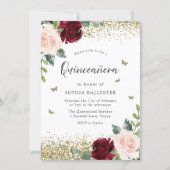 Blush & Burgundy Red Flowers Quinceanera Party Invitation (Front)