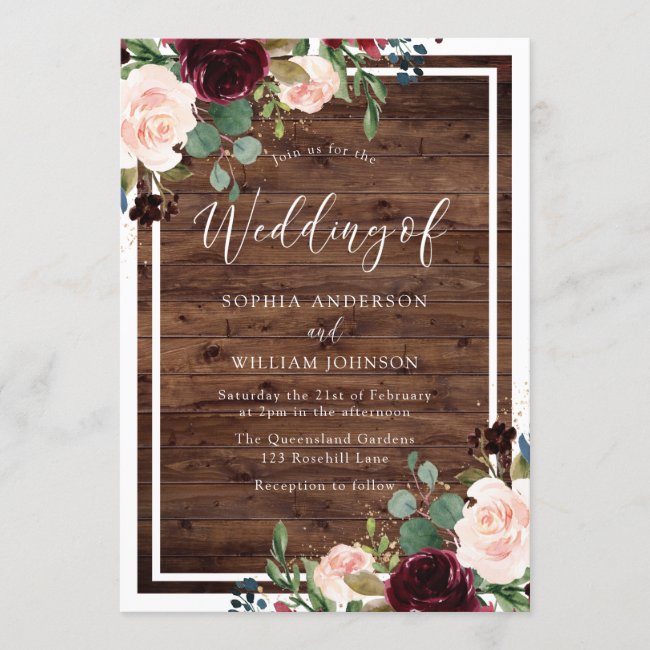 Blush & Burgundy Red Flowers Rustic Wood Wedding Invitation