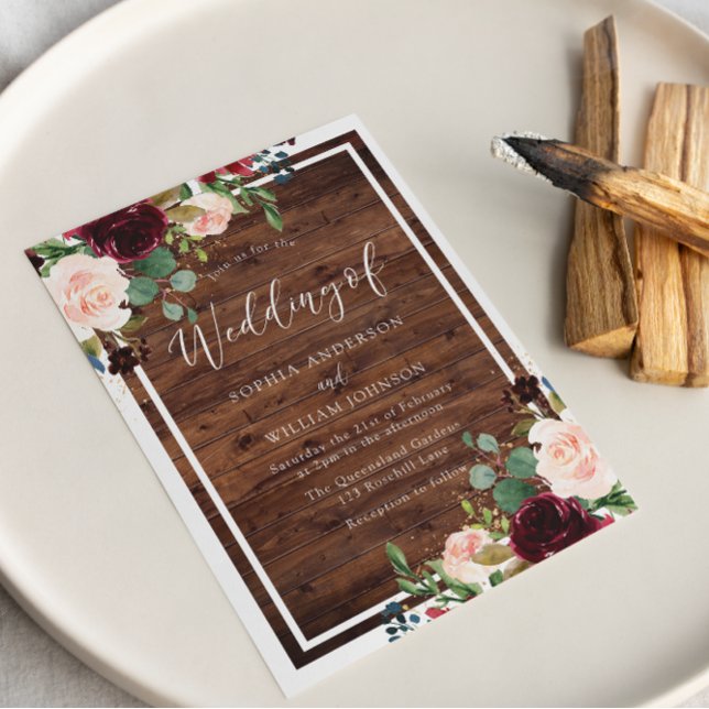 Blush & Burgundy Red Flowers Rustic Wood Wedding Invitation (Creator Uploaded)