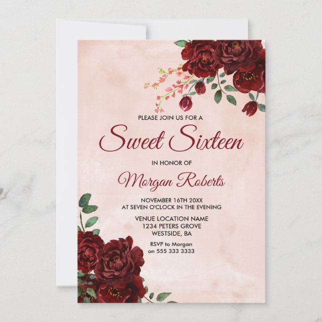 Blush Burgundy Red Rose Floral Sweet 16 Invite (Front)