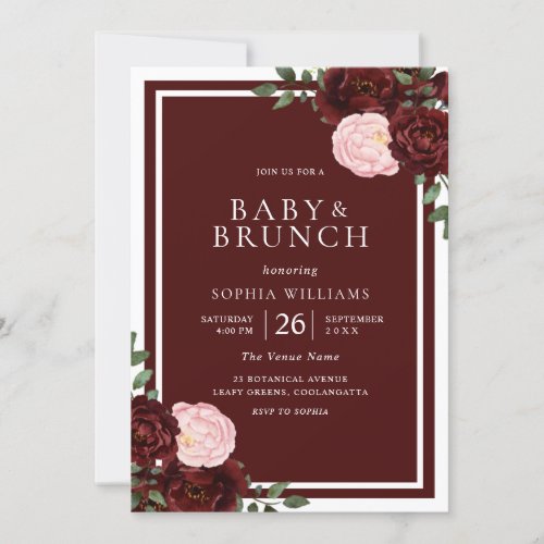 Blush  Burgundy Red Roses Baby Shower Brunch Invitation