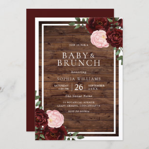 Blush & Burgundy Red Roses Rustic Wood Baby Shower Invitation
