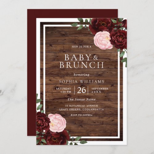 Blush  Burgundy Red Roses Rustic Wood Baby Shower Invitation