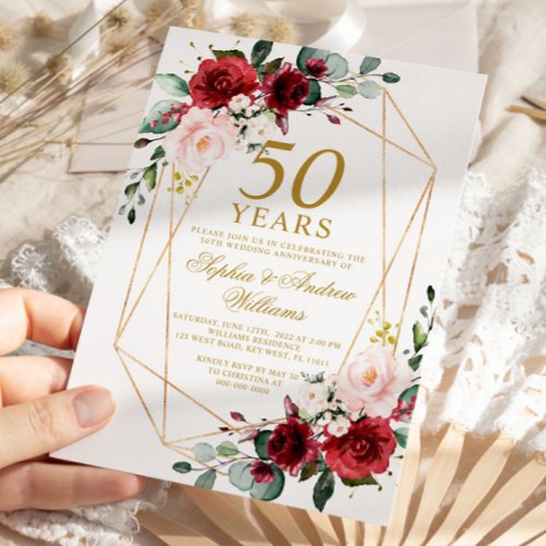 Blush  Burgundy Rose 50th Wedding Anniversary Invitation