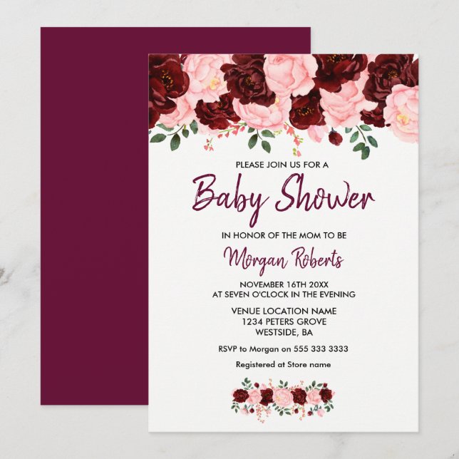 Blush Burgundy Rose Baby Shower Script Invite (Front/Back)