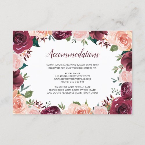 Blush Burgundy Rose Border Wedding Accommodations Enclosure Card