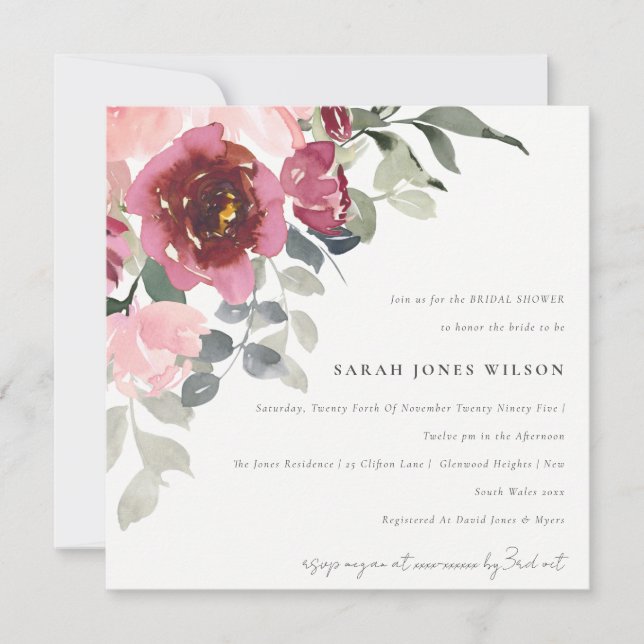 BLUSH BURGUNDY ROSE FLORAL BRIDAL SHOWER INVITE (Front)