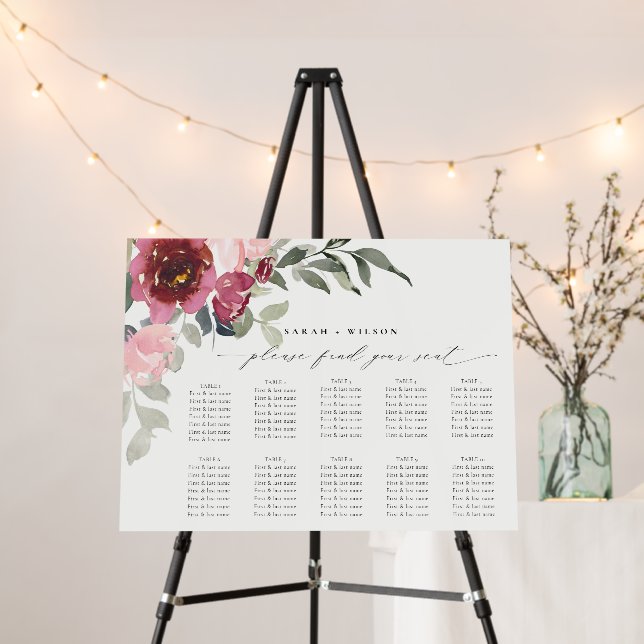Blush Burgundy Rose Floral Wedding Seating Chart  Foam Board (In Situ (Stand))
