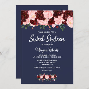 Blush Burgundy Rose Navy Blue Sweet 16 Invite