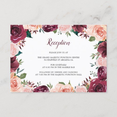 Blush Burgundy Roses Border Wedding Reception Enclosure Card