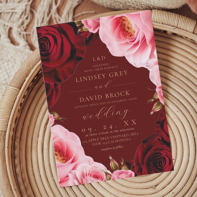 Blush Burgundy  Roses Florals Wedding  Invitation (Creator Uploaded)