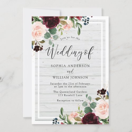 Blush  Burgundy Rustic White Wood Floral Wedding Invitation