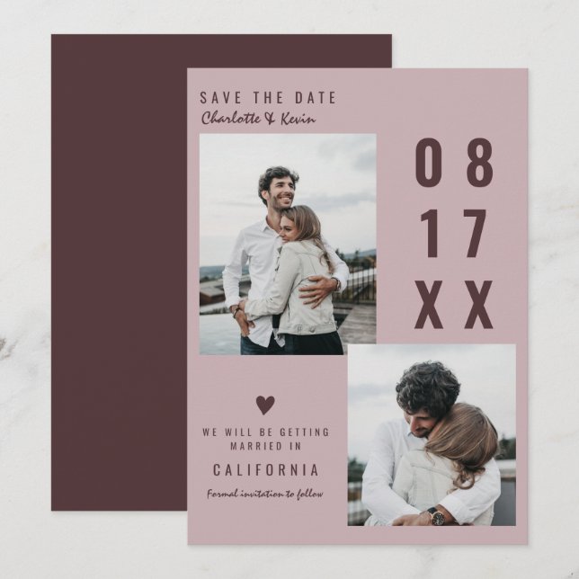 Blush burgundy save the date wedding 2 photos (Front/Back)