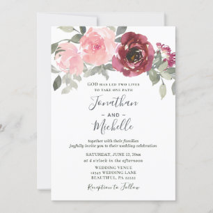 Blush Burgundy Silver Floral Christian Wedding Invitation