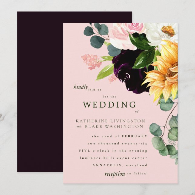 Blush & Burgundy Sunflower Wedding Invitation (Front/Back)