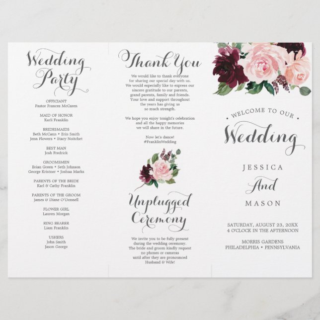 Blush Burgundy Tri-Fold Wedding Program Flyer (Front)