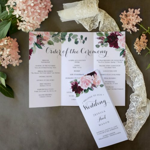 Blush Burgundy Tri_Fold Wedding Program Memory Flyer