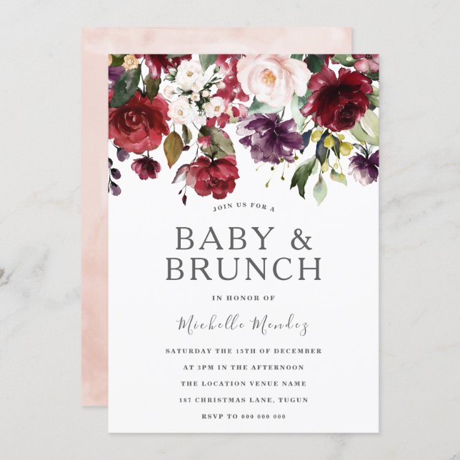 Blush Burgundy Watercolor Baby Shower & Brunch Invitation (Front/Back)